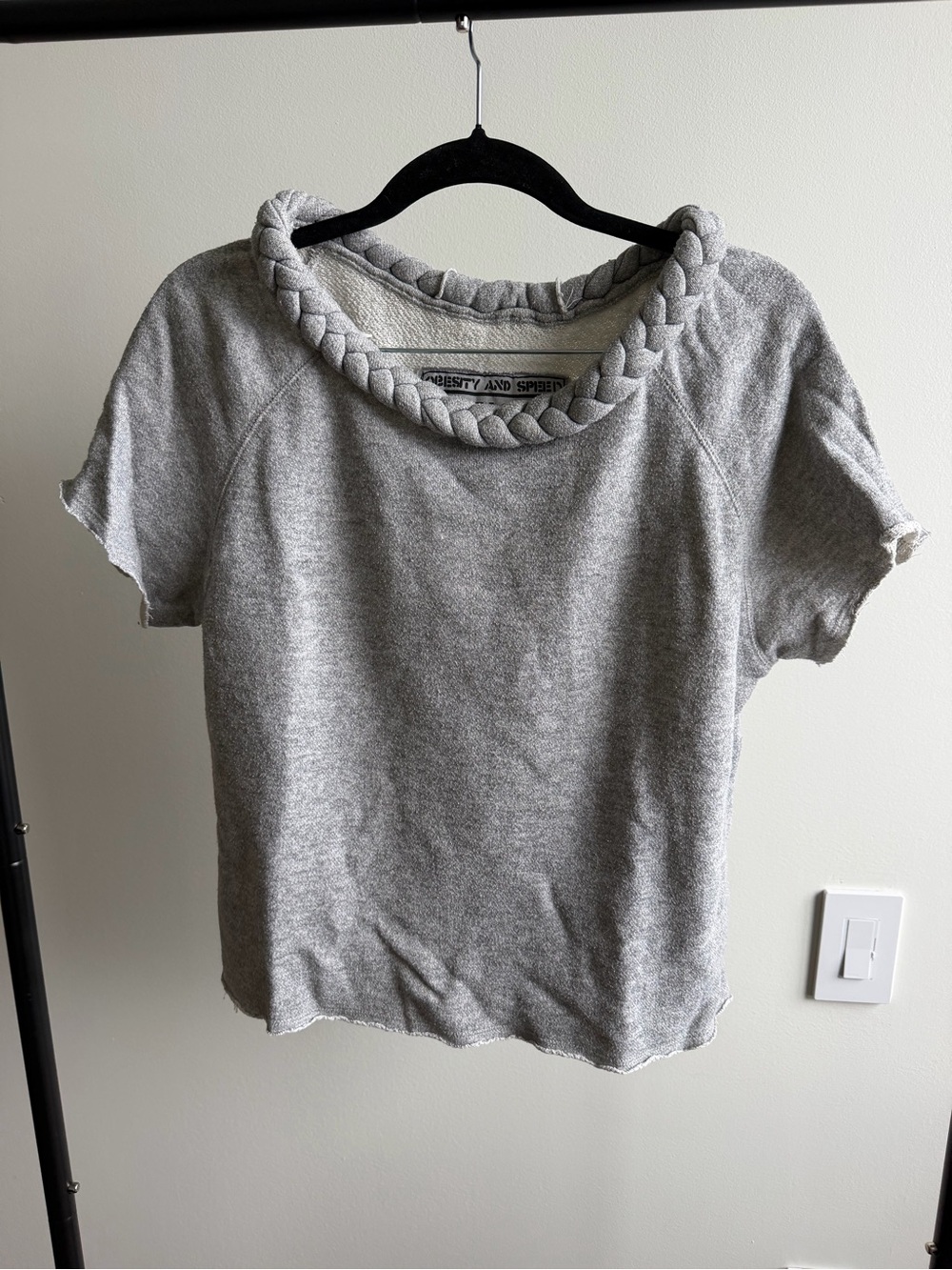 Obesity and Speed Heather Grey Braided Neckline Short Sleeve Sweatshirt size M